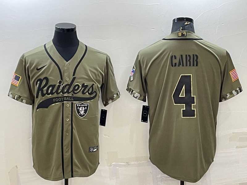 Men's Las Vegas Raiders #4 Derek Carr 2022 Olive Salute to Service Cool Base Stitched Baseball Jersey